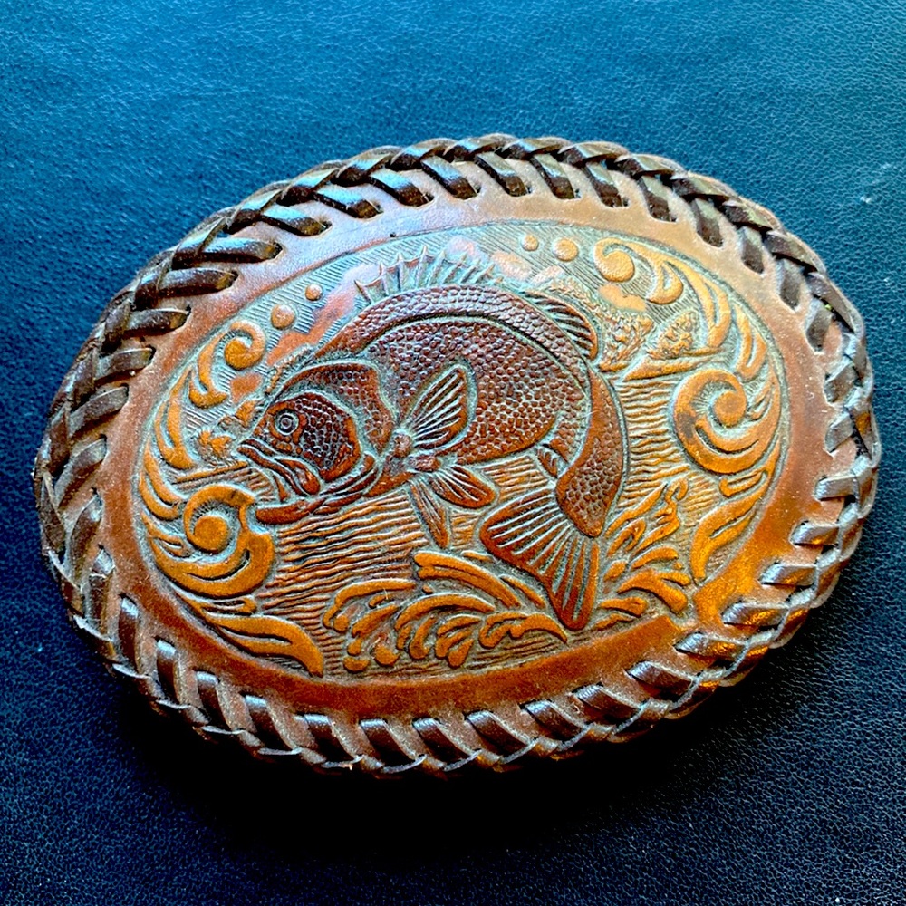 Handmade Leather Tooled Salmon Belt Buckle